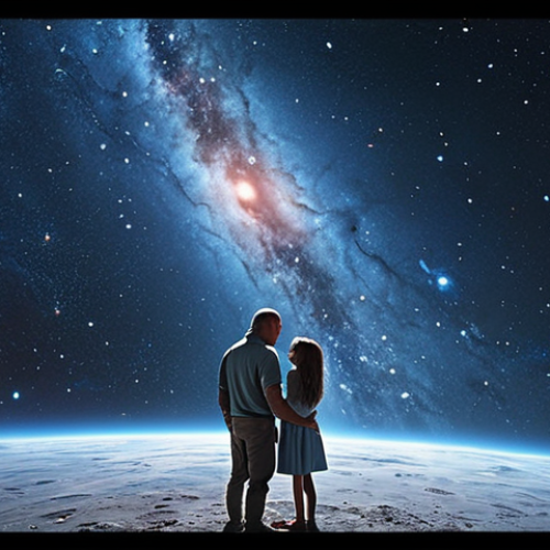 Home 13 A poignant, emotional scene depicting the profound bond between a father and daughter transcending vast cosmic distances, with subtle visual elements hinting at time dilation and the grandeur of space, cinematic lighting, highly detailed, expressive, wide shot.