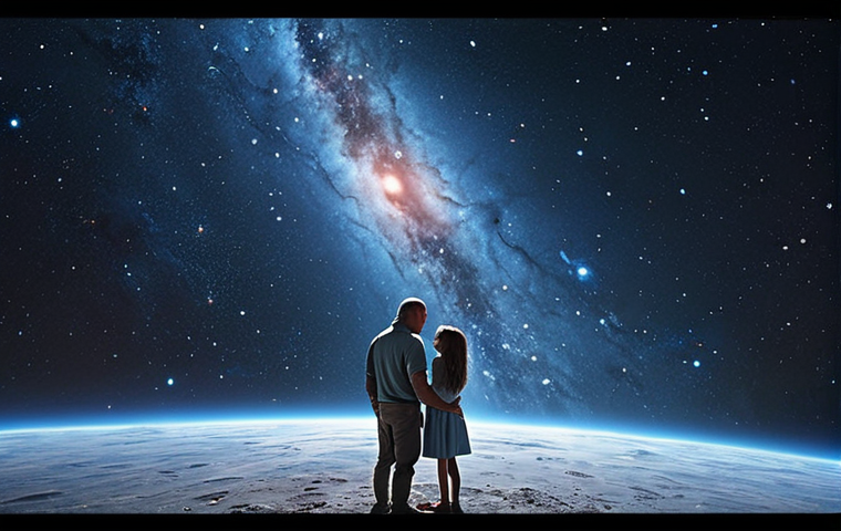A poignant, emotional scene depicting the profound bond between a father and daughter transcending vast cosmic distances, with subtle visual elements hinting at time dilation and the grandeur of space, cinematic lighting, highly detailed, expressive, wide shot.