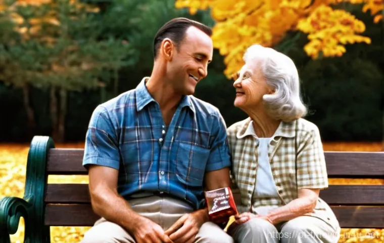 포레스트 검프 명대사 - **A heartwarming portrait of Forrest Gump**, depicted in his characteristic simple checkered shirt a...