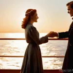 타이타닉 영화 소개 - **Prompt 1: "The King of the World" Moment**
    A young man with light brown hair and a young woman...