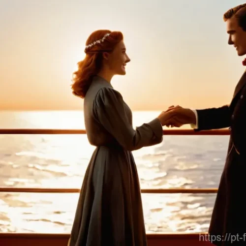 Home 15 타이타닉 영화 소개 - **Prompt 1: "The King of the World" Moment**
A young man with light brown hair and a young woman...