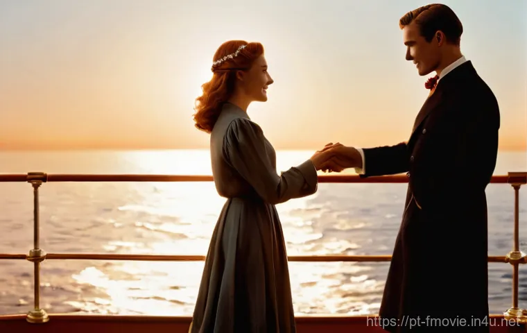 타이타닉 영화 소개 - **Prompt 1: "The King of the World" Moment**
A young man with light brown hair and a young woman...